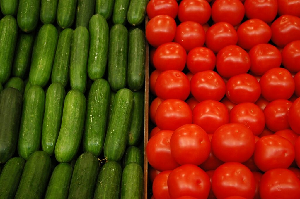 cucumbers, tomato, fruit